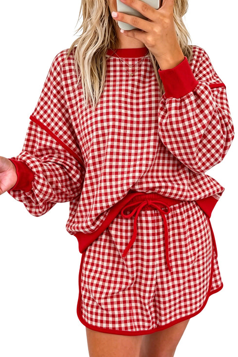 Gingham Ribbed Trim Crew Neck Dress Set