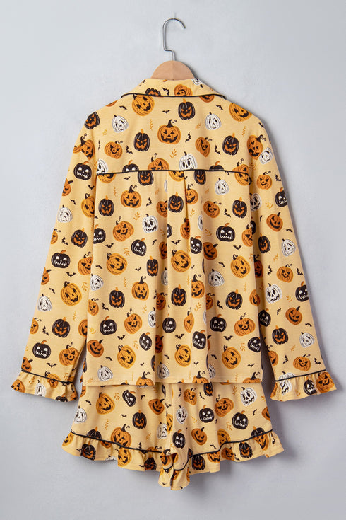 Pumpkin Face Print Ruffle Long Sleeve Two Piece Lounge Set