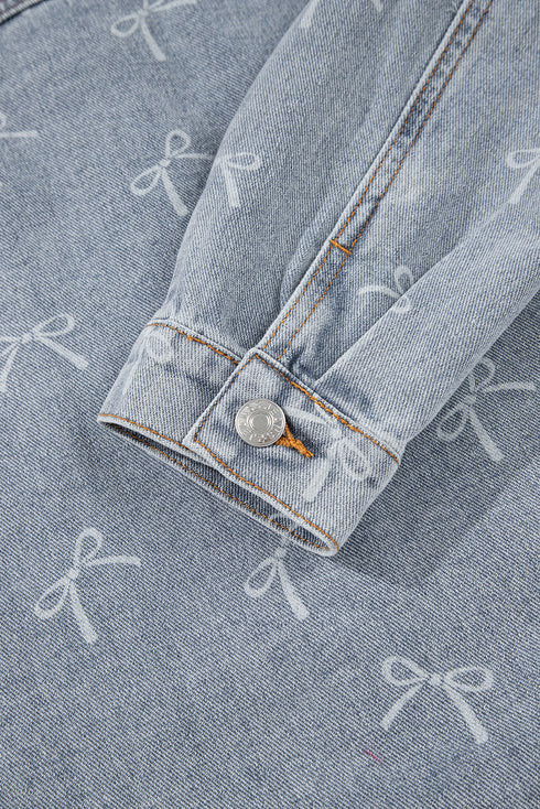 Bow Knot Print Raw Hem Washed Denim Jacket