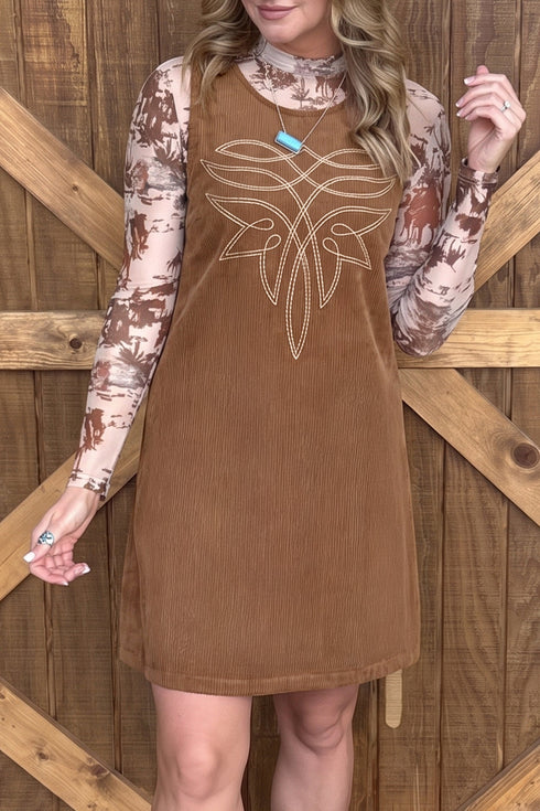 Geometric Embroidery Sleeveless Corduroy Shift Mini Dress