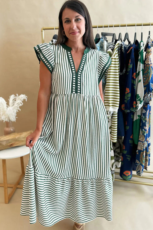 Stripe Double Ruffled Sleeve Contrast Trim A-Line Midi Dress