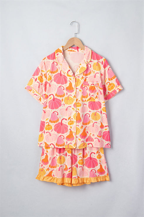 Pumpkin Print Pocket Placket Shell Button Lounge Set