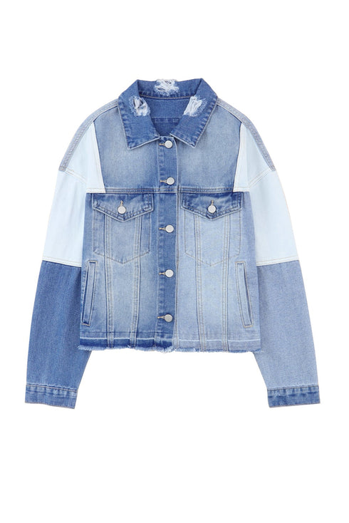 Casual Patchwork Distressed Frayed Hem Denim Jacket