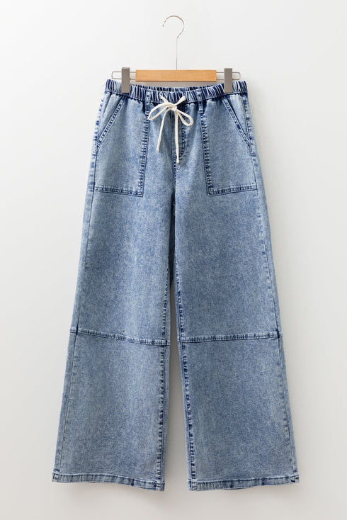 Acid Wash Exposed Seam Elastic Waist Wide Leg Jeans
