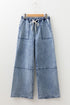 Acid Wash Exposed Seam Elastic Waist Wide Leg Jeans