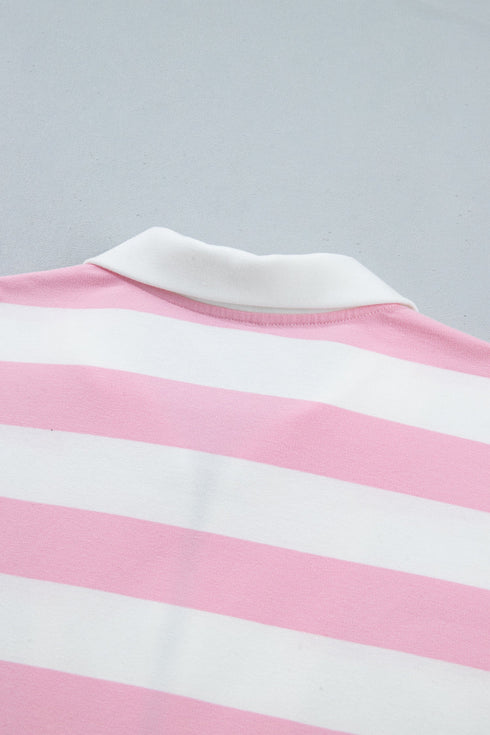 Striped Patchwork Zipper Pullover Elastic Waist Shorts Two Piece Short Set