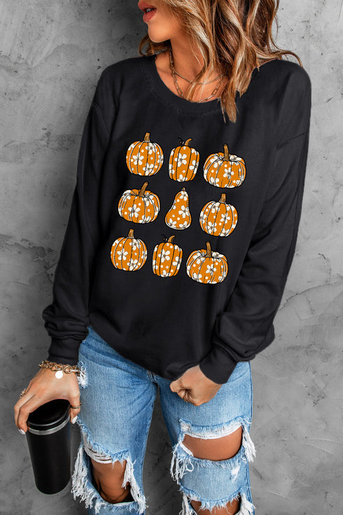Graphic Floral Pumpkin Crew Neck Pullover Sweatshirt