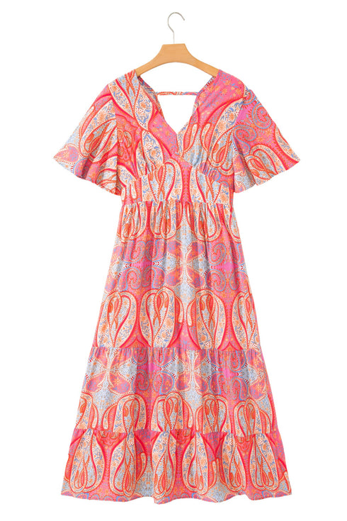 Paisley Print V Neck Short Sleeve Ruffle Bohemian Dress