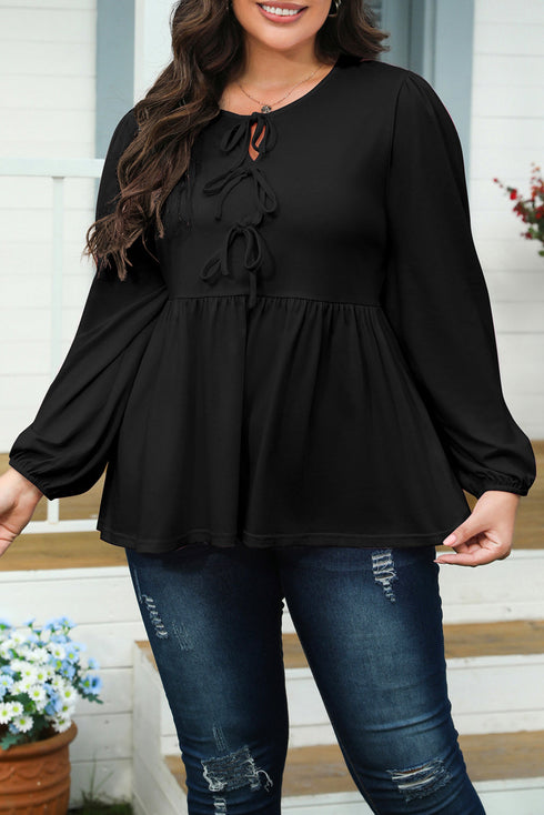 Bow Tie Front Long Sleeve Peplum Blouse