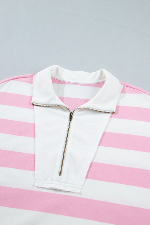 Striped Patchwork Zipper Pullover Elastic Waist Shorts Two Piece Short Set