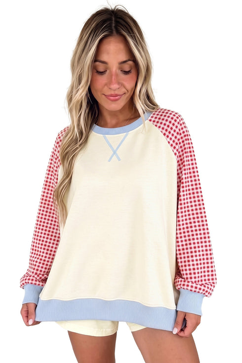 Polyester Plaid Pattern Sleeve Raglan Pullover Sweatshirt