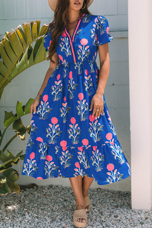 Floral Puff Short Sleeve V Neck High Waist Maxi Dress