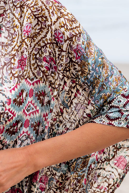 Bohemian Mixed Print Open Front Draped Kimono