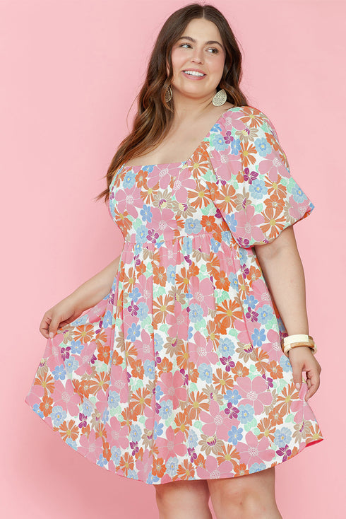Floral Print Puff Sleeve Square Neck Babydoll Dress