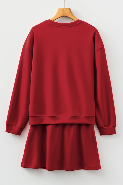 Solid Drop Shoulder Pullover Drawstring Mini Skirt Two Piece Dress