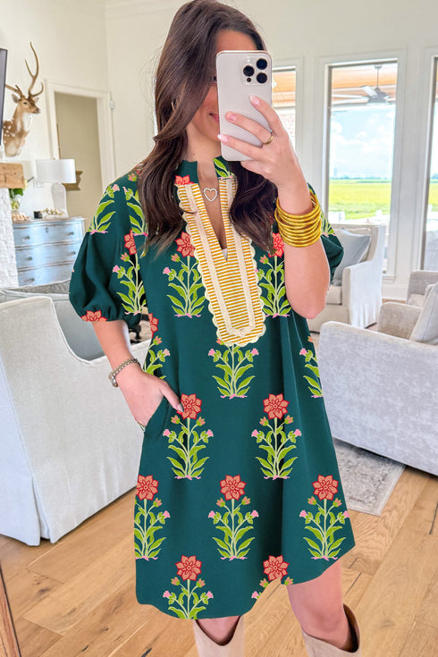 Striped Patchwork Floral Print Rick Rack Short Sleeve Dress