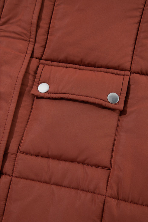 Solid Quilted Stand Collar Zipped Mid Length Puffer Coat