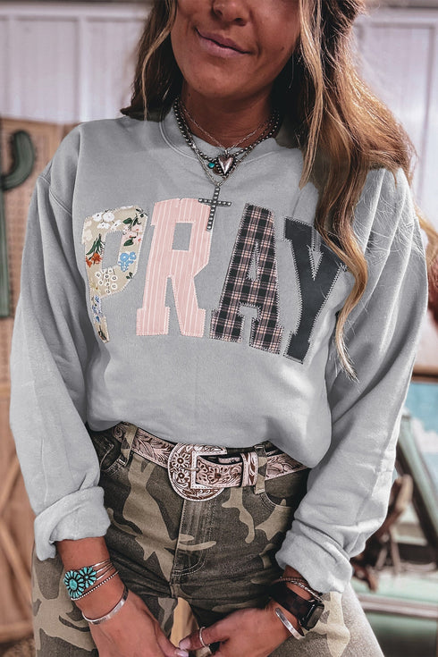 Western Floral Buffalo Plaid Striped Embroidered Patch Pullover Sweatshirt