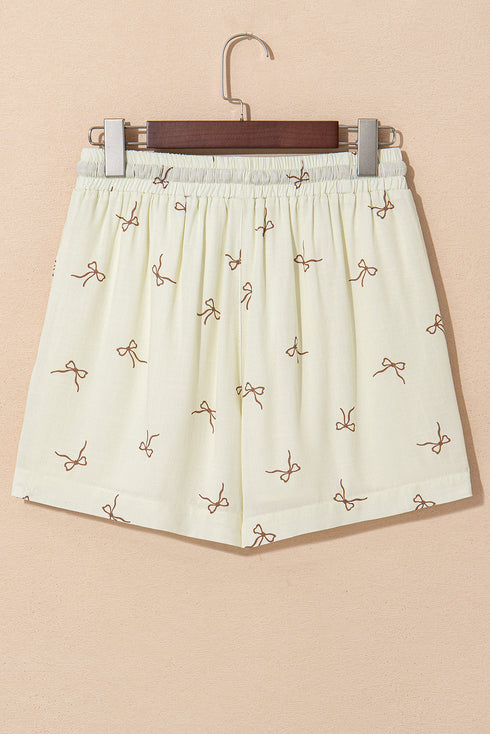 Bow Print Lace Trim Elastic Waist Drawstring Shorts