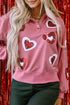 Sequin Heart Applique Snap Button Collared Pullover Sweatshirt
