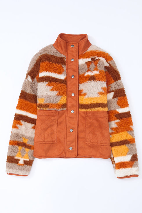 Furry Aztec Pattern Quilted Patch Pocket Fleece Jacket