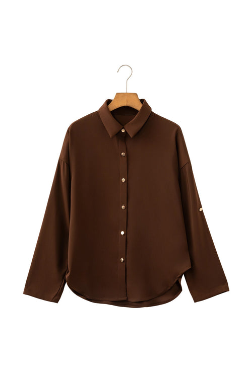 Polyester Button Decoration Tab Long Sleeve Blouse