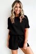Solid Textured Waffle Knit Drawstring Casual Short Set