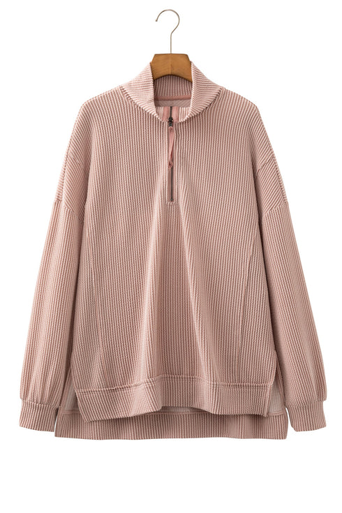 Twist Ribbed Zip Collar Drop Shoulder Long Sleeve Top
