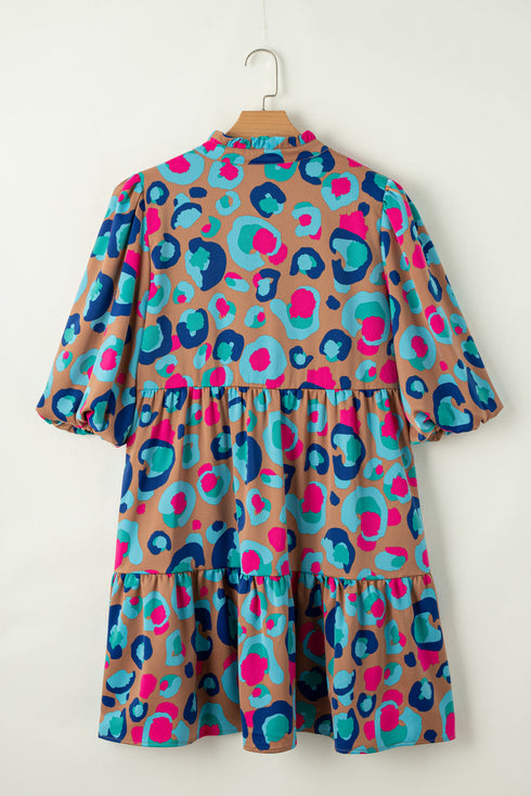 Abstract Animal Print Puff Sleeve Tiered Dress