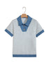 Denim Collar Cuffed Short Sleeve Polished Top