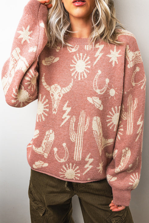 Western Allover Print Drop Shoulder Long Sleeve Knit Sweater
