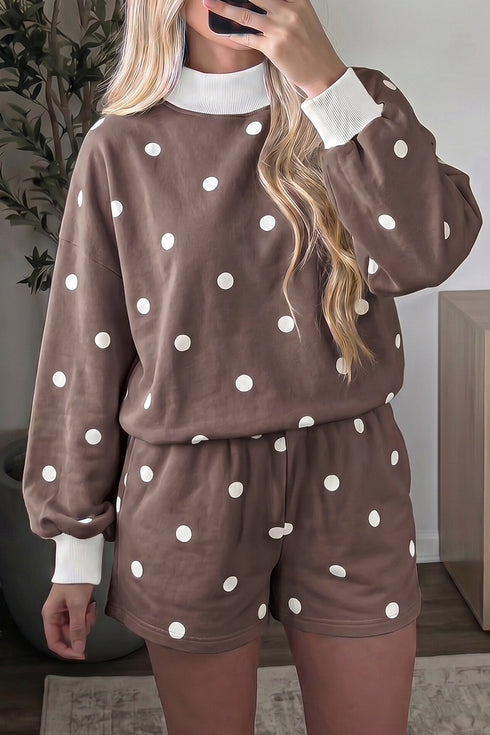 Polka Dot Ribbed Trim Long Sleeve Top Short Set