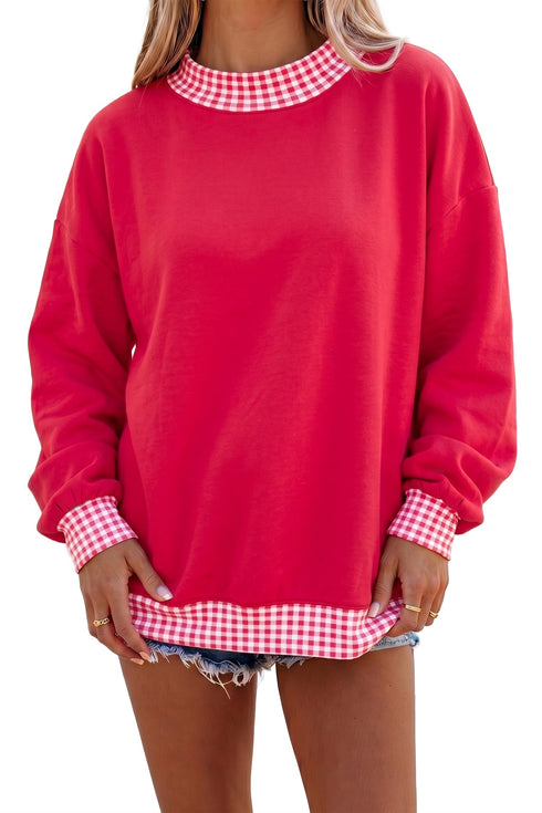 Mock Neck Plaid Pattern Trim Oversized Sweatshirt