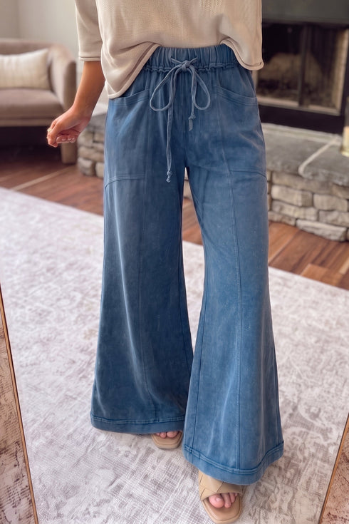 Cotton Denim Seam Flare Leg Drawstring Pants