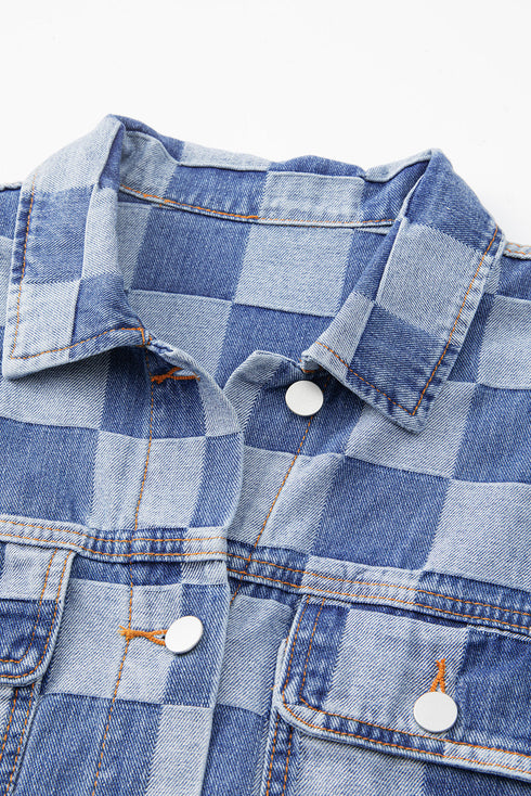 Checkered Print Patchwork Button Up Denim Jacket