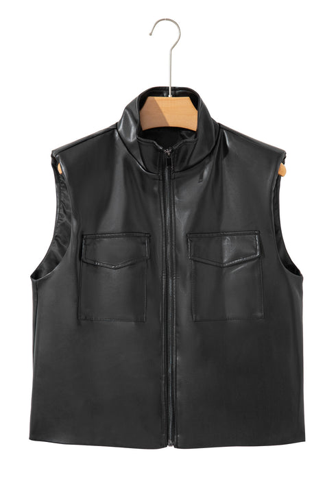 Double Flap Pocket Western Faux Leather Zip Up Vest