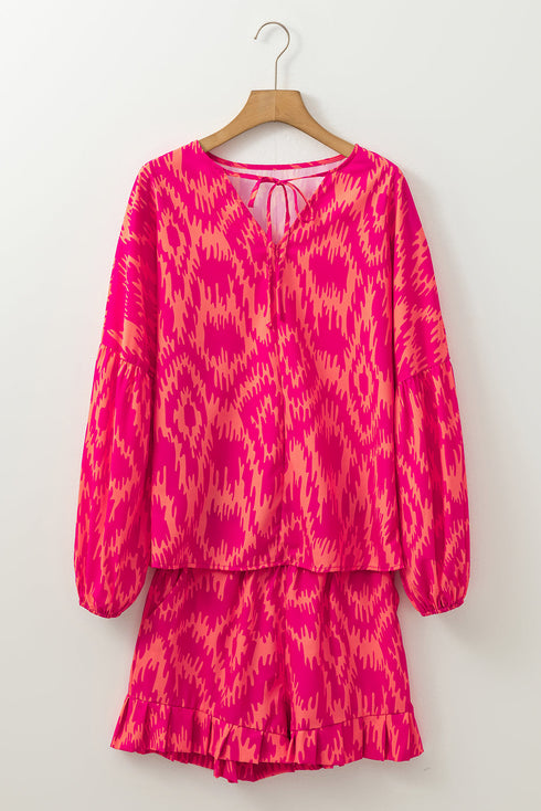Bohemian Aztec Geometric Print Puff Sleeve Ruffled Sleepwear Set