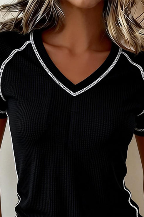 Waffle Knit Textured Contrast Trim V Neck Tee