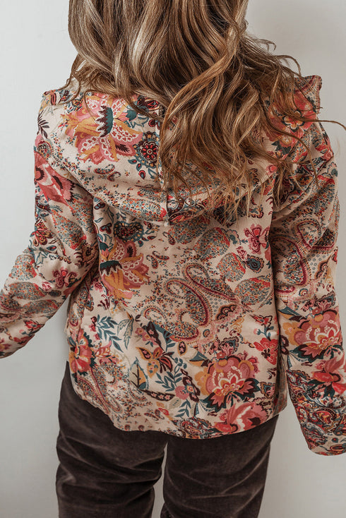 Bohemian Floral Print Sherpa Lined Fleece Hooded Jacket