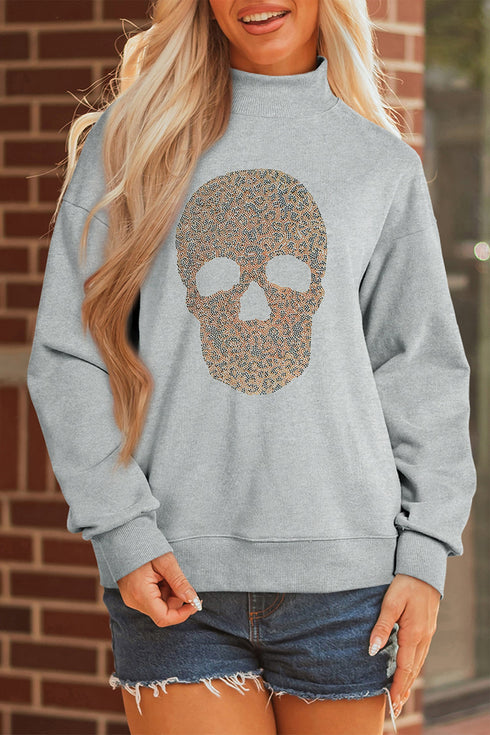 Rhinestone Skull Graphic Mock Neck Baggy Pullover Sweatshirt