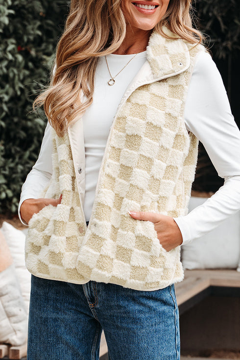 Checkered Sherpa Fleece Snap Button Pocket Vest