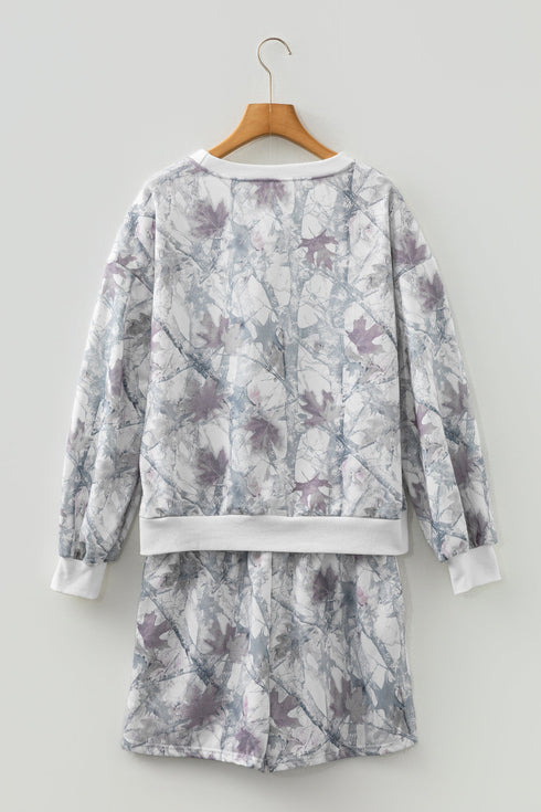 Abstract Woodland Print Baggy Pullover Drawstring Short Sets