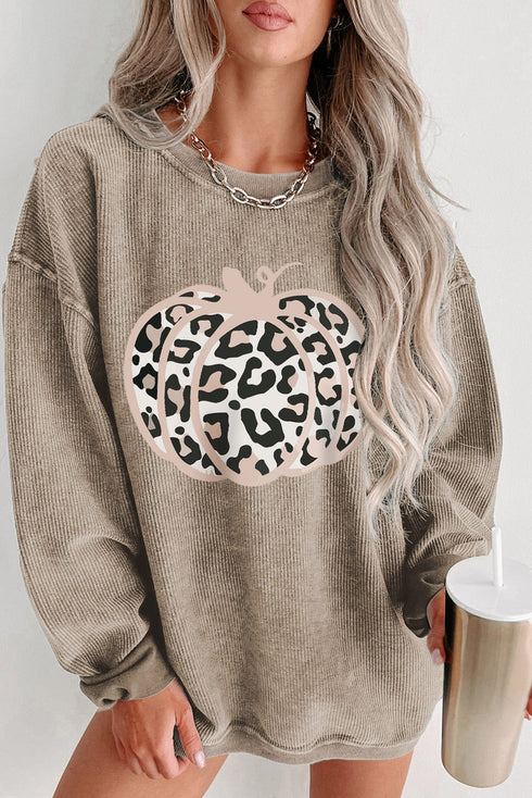 Leopard Print Graphic Corded Texture Pullover Sweatshirt