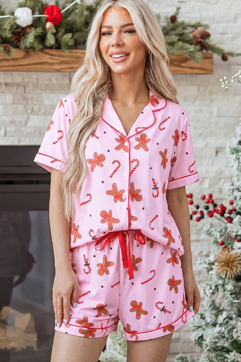 Short Sleeve Placket Shell Button Elastic Waist Lounge Set