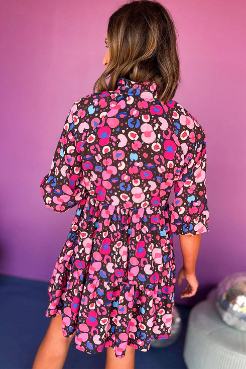 Abstract Pattern Collared Tiered Puff Sleeve Mini Dress