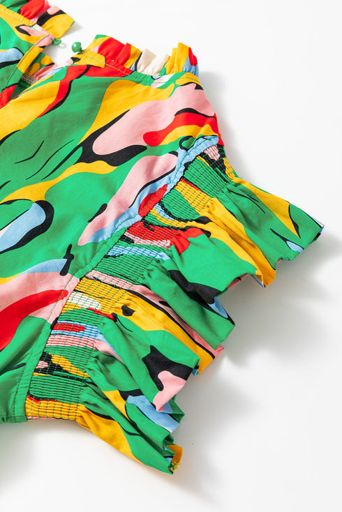 Abstract Print Ruffled Mock Neck Shift Dress