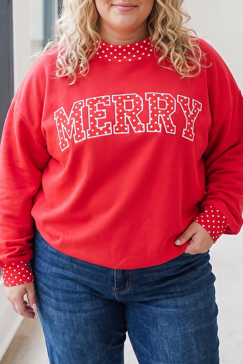 Polka Dot Patchwork Letter Applique Mock Neck Sweatshirt