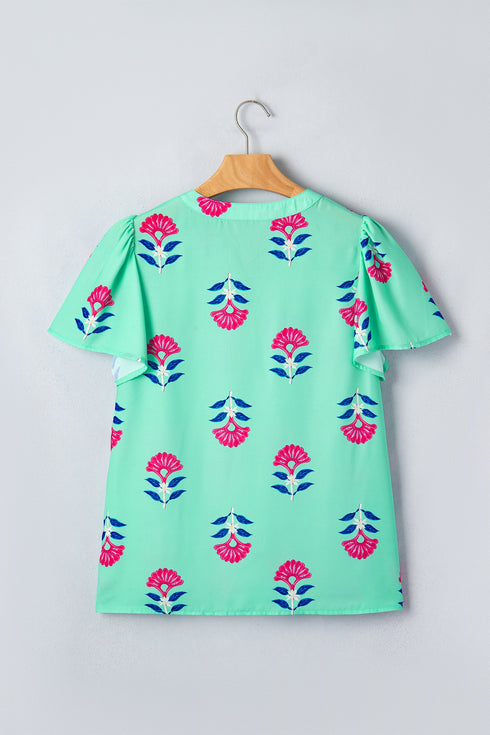 Southern Belle Floral Print Flutter Sleeve V Neck Blouse