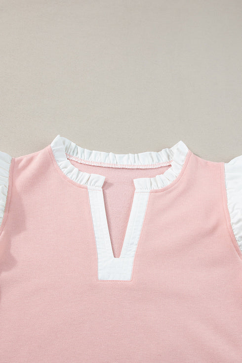 Contrast Trim Ruffled Sleeve Smocked Drawstring Short Set