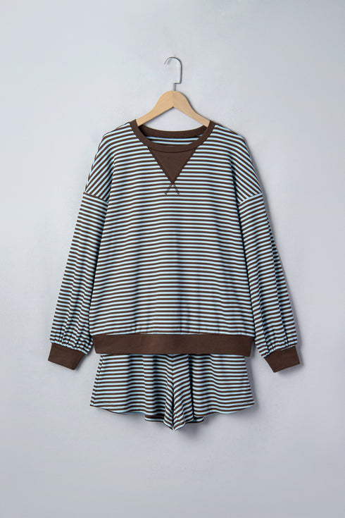 Striped Oversized Long Sleeve Top Drawstring Loose Two Piece Short Set